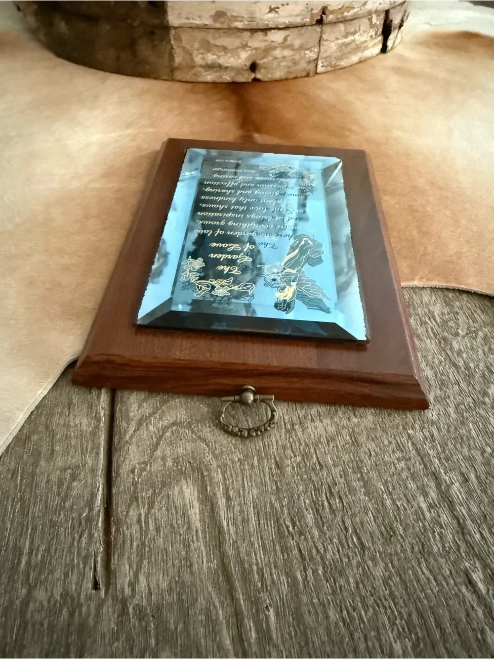 Vintage Engraved Angel Mirrored Plaque in Wood Frame - Blue Mirror
